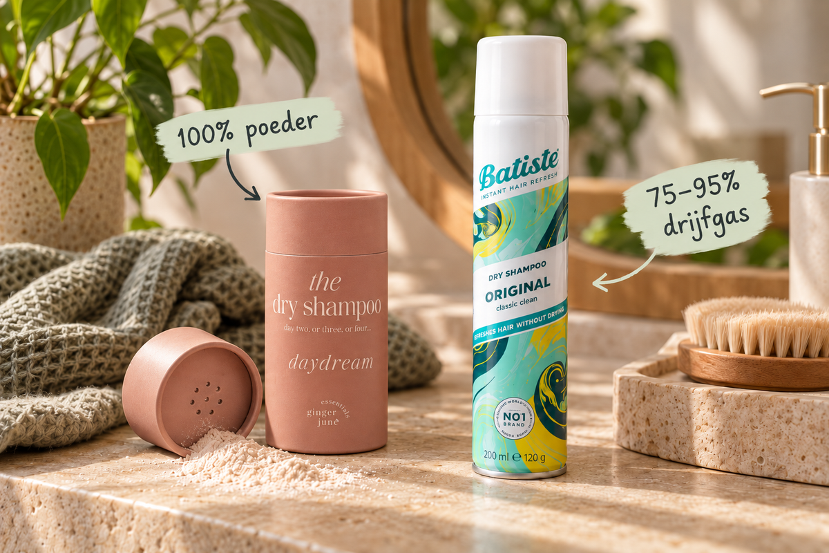 Droogshampoo poeder in een papieren koker naast een spuitbus droogshampoo