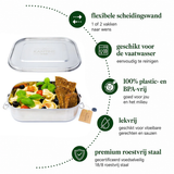 Alt text:
Minimalistische infographic van een roestvrijstalen lunchbox op een witte achtergrond, gevuld met verse pasta, basilicum, tomaatjes en crackers. Rechts staan productvoordelen in het Nederlands met donkergroene iconen en typografie, waaronder flexibele scheidingswand, vaatwasserbestendig, BPA-vrij, lekvrij en premium roestvrij staal.