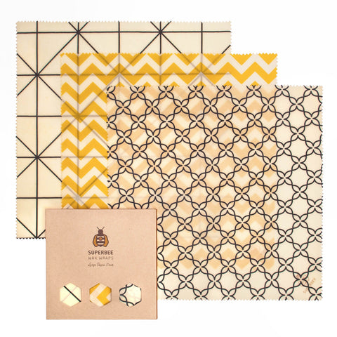 Superbee - Beeswax Wrap - bijenwas doeken als vervanger voor plastic vershoudfolie/huishoudfolie en aluminiumfolie. Gemaakt van natuurlijke materialen: pure bijenwas, biologisch katoen, BPA-vrij, Fair Trade. Set van 3 bee's was wraps groot. Te koop bij Duurzame Producten Shop