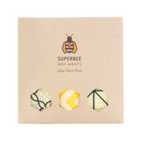 Superbee - Beeswax Wrap - bijenwas doeken als vervanger voor plastic vershoudfolie/huishoudfolie en aluminiumfolie. Gemaakt van natuurlijke materialen: pure bijenwas, biologisch katoen, BPA-vrij, Fair Trade. Set van 3 bee's was wraps groot. Te koop bij Duurzame Producten Shop