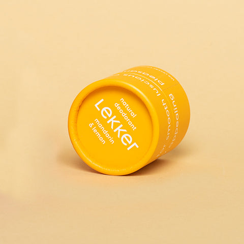 The Lekker Company eco-friendly milieuvriendelijk plasticvrij natuurlijk duurzame deodorant spuitvrij smeerbaar plastic-vrij Utrecht Nederland geel yellow  mandarijn lemon mandarin citroen 